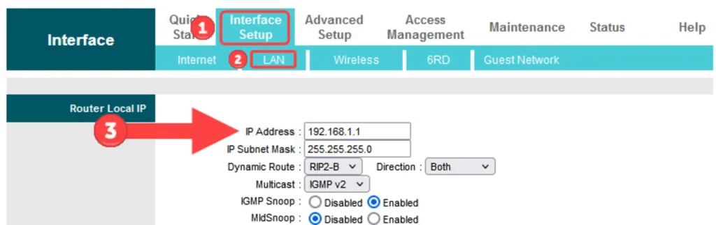 تغییر IP محلی روتر در پنل مدیریت