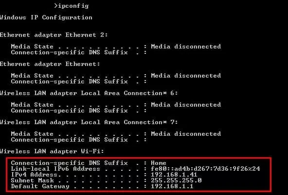 مشاهده IP و Gateway با ipconfig
