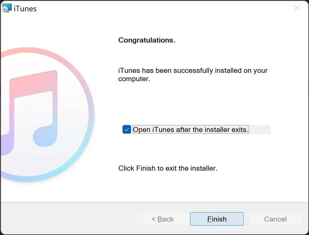 پایان نصب iTunes