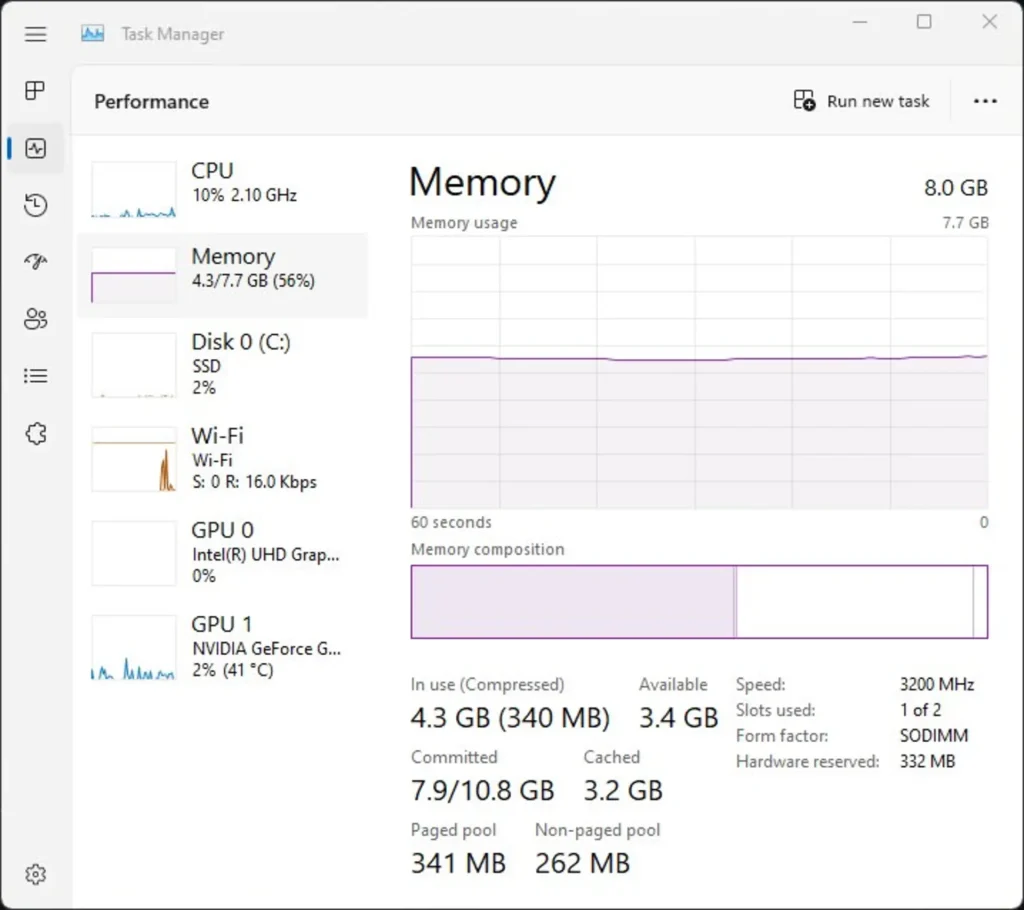 بررسی مشخصات RAM در Task Manager