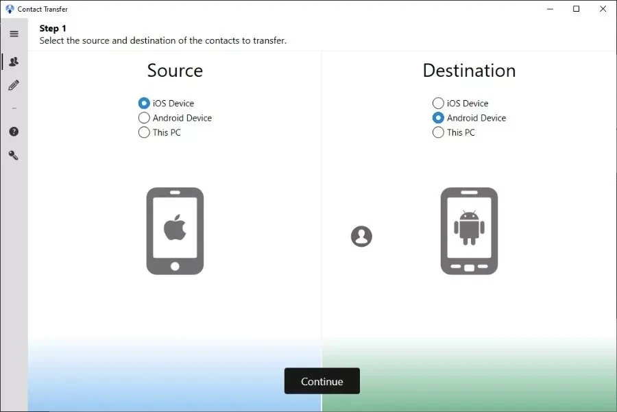 انتخاب اندروید در Contact Transfer
