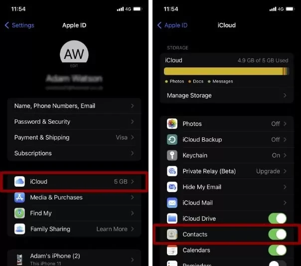 انتخاب مخاطبین برای خروجی iCloud